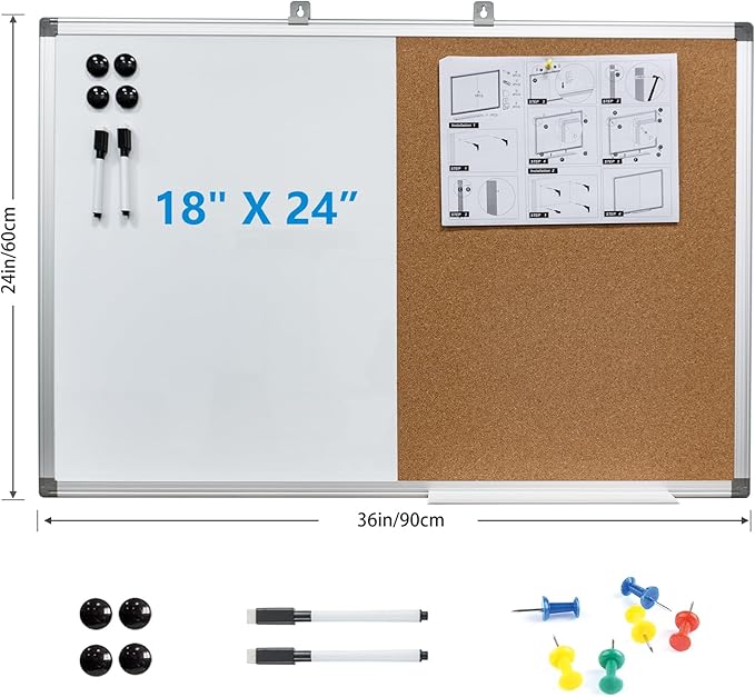 Combination Writeboard 36"x 24" Magnetic Whiteboard & Cork Board Aluminium - Image 2