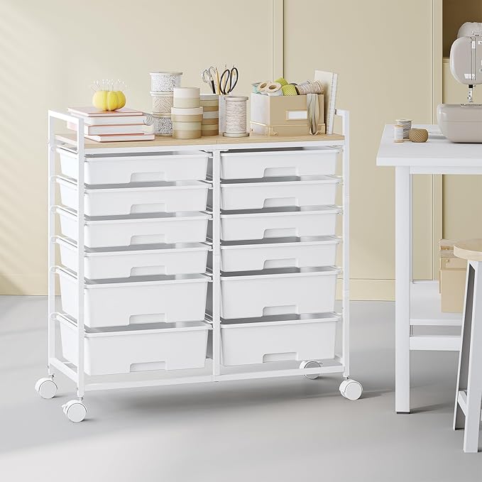 Rolling Storage Cart with 12 Drawers, Wooden Tabletop Utility Cart - Image 8