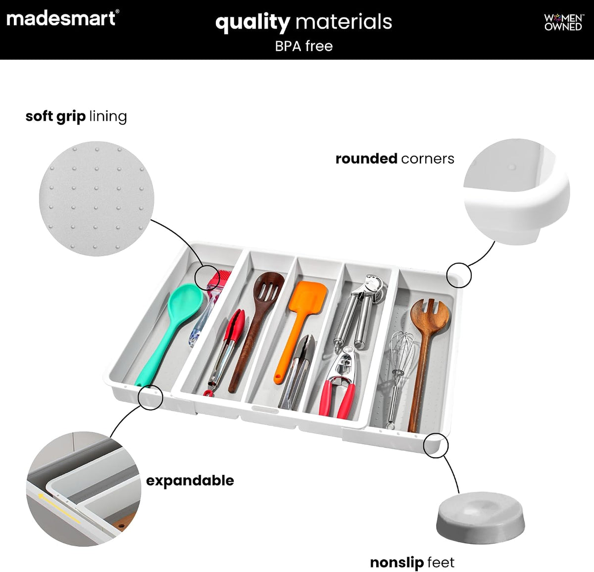 madesmart Classic Expandable Compartment Utensil Tray, White