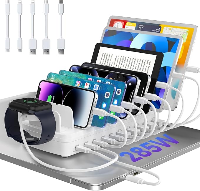 285W Charging Station for Multiple Devices, 10 Ports Fast Multi-Device Charger by MERGROLY