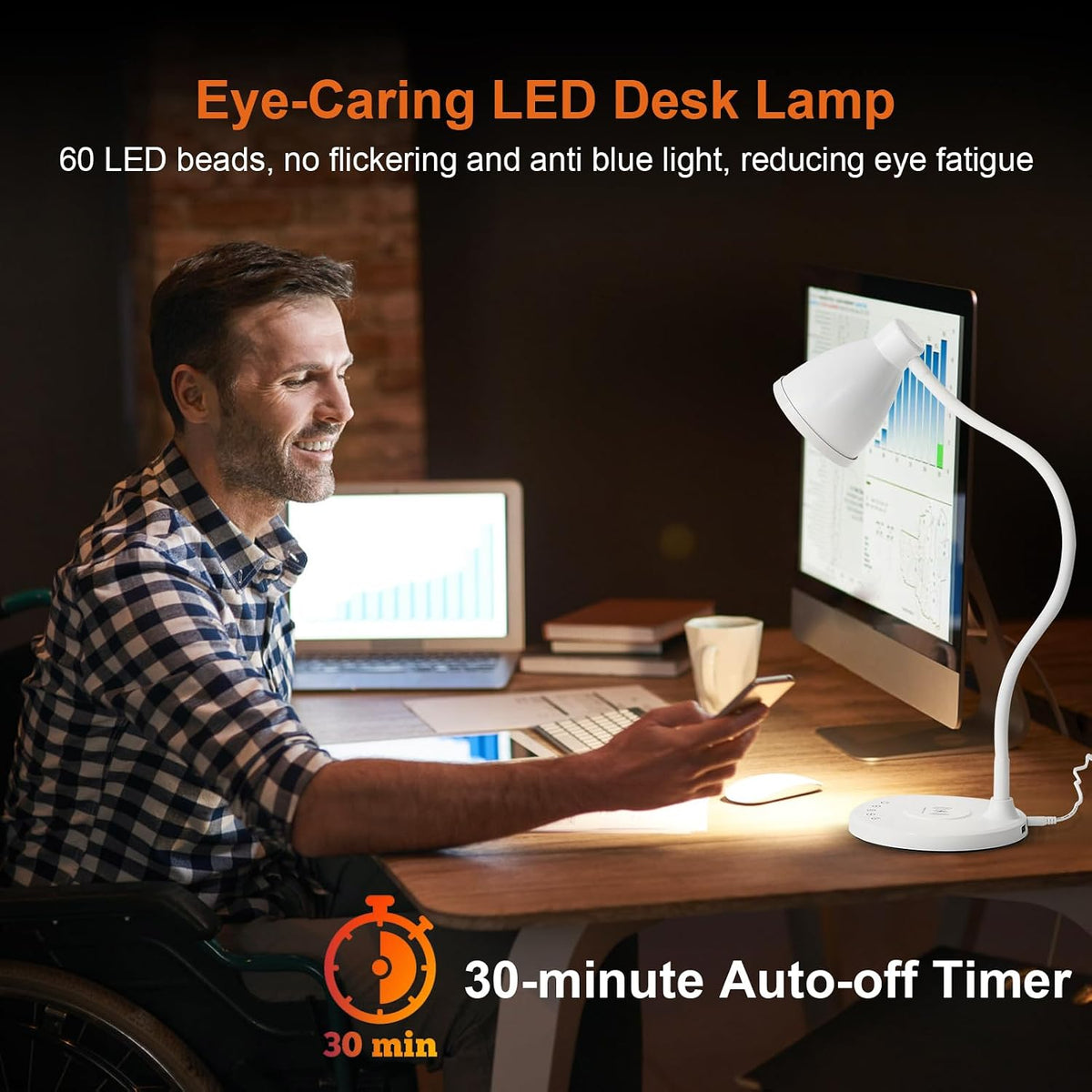 BOHON LED Desk Lamp for Home Office with USB C Charging Wireless Charger