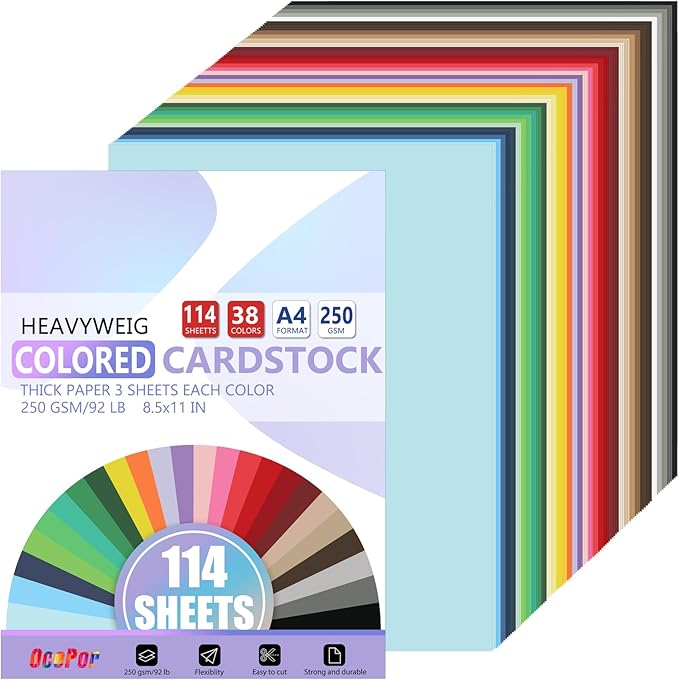 OcePor 114 Sheets Colored Cardstock 38 Colors, 8.5x11 Color Cardstock Bulk by OcePor