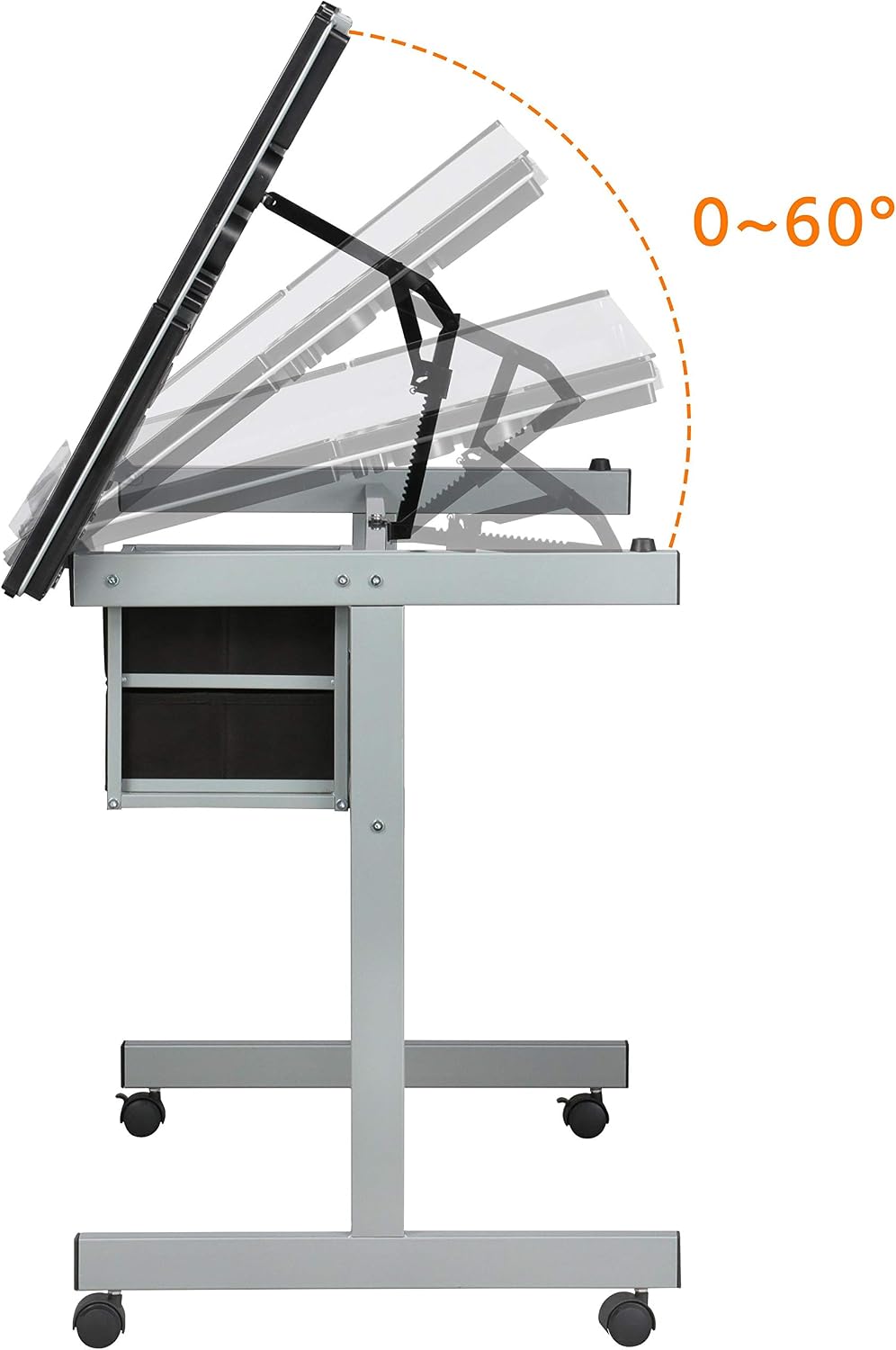 Yaheetech Glass Drafting Table with Storage, Adjustable Art Drawing Desk | Tempered glass top on a steel frame tilts 0-60° for drawing, tracing, or diamond art, plus two fabric drawers and side trays.