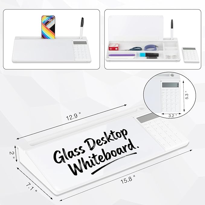 Glass Desktop Whiteboard with Calculator & Storage, Desk Dry Erase Note Memo - Image 2