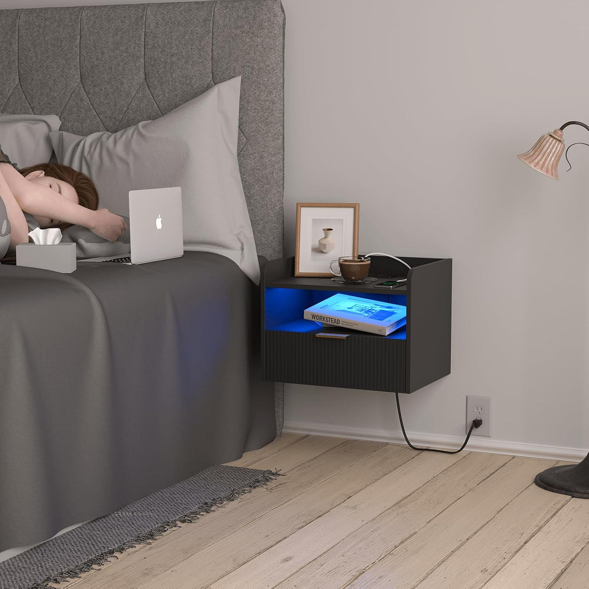 Veegle White Floating Nightstand with Charging Station and LED Lights (Black)