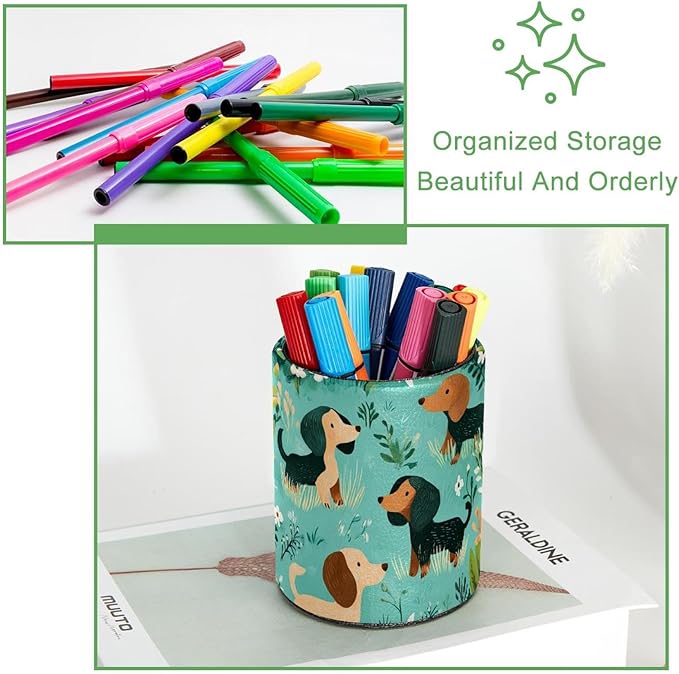 Leather Pen Holder for Desk, Cartoon Sausage Dog Pencil Cup Desktop Organizer - Image 3