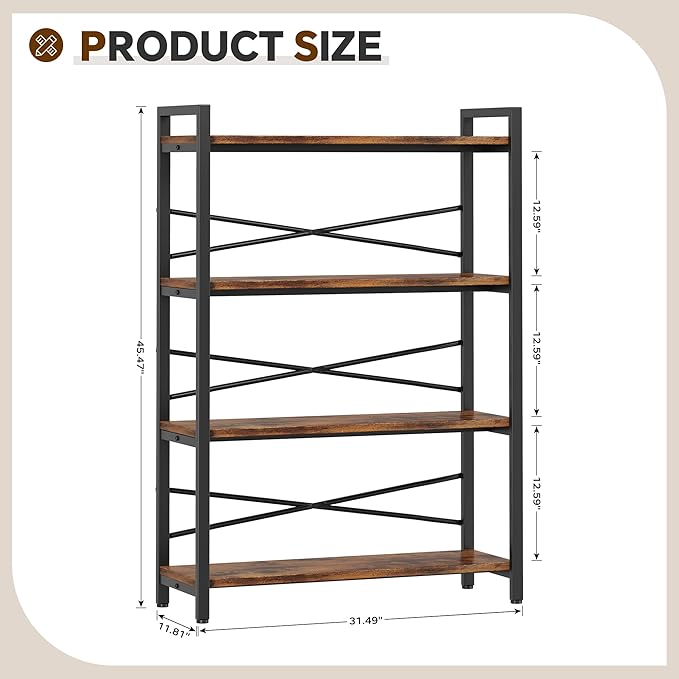 4 Tier Bookshelf 31.49" Width, Tall Book Shelf Storage and Organization - Image 3
