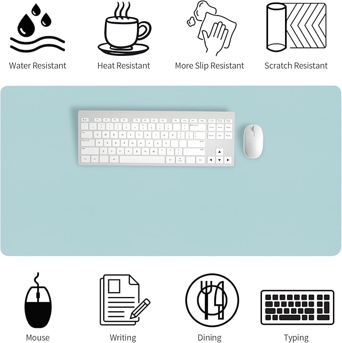 Bloss Light Blue Desk Mat, Large Mouse Pad, Leather Desk Blotter, Waterproof - Image 5