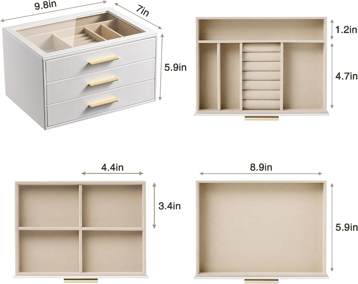 Jewelry Box Organizer Storage Case, 3-Layer with Glass Window, Pure White
