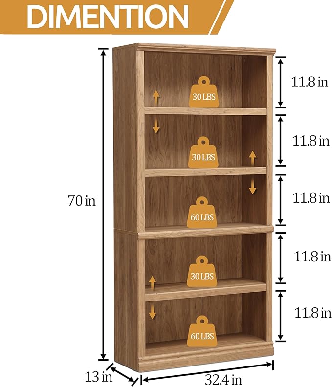 blini 5-Shelf Tall Bookcase Wooden Bookshelves 33in Wide Floor Standing Display - Image 2