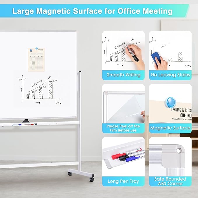 maxtek Rolling Whiteboard 72x48, Large Double-Sided White Board Dry Erase on - Image 5