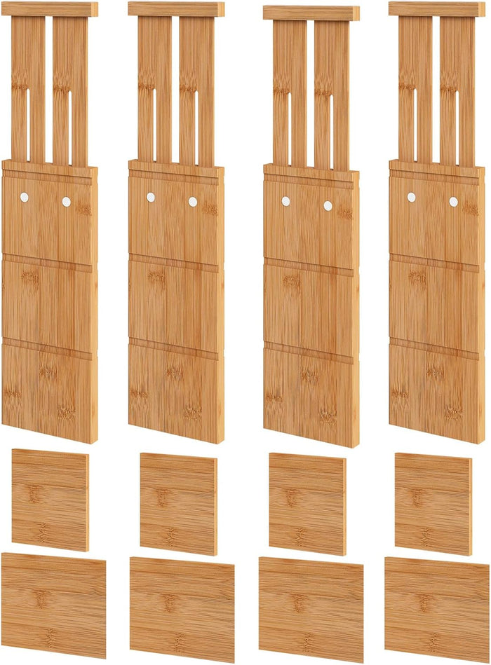 4.4" High Drawer Dividers with Inserts, Bamboo Drawer Dividers for Clothes, Expandable from 12-17.5", Adjustable drawer organizer for Bedroom, Kitchen & Office, 4 Dividers with 8 Insert.