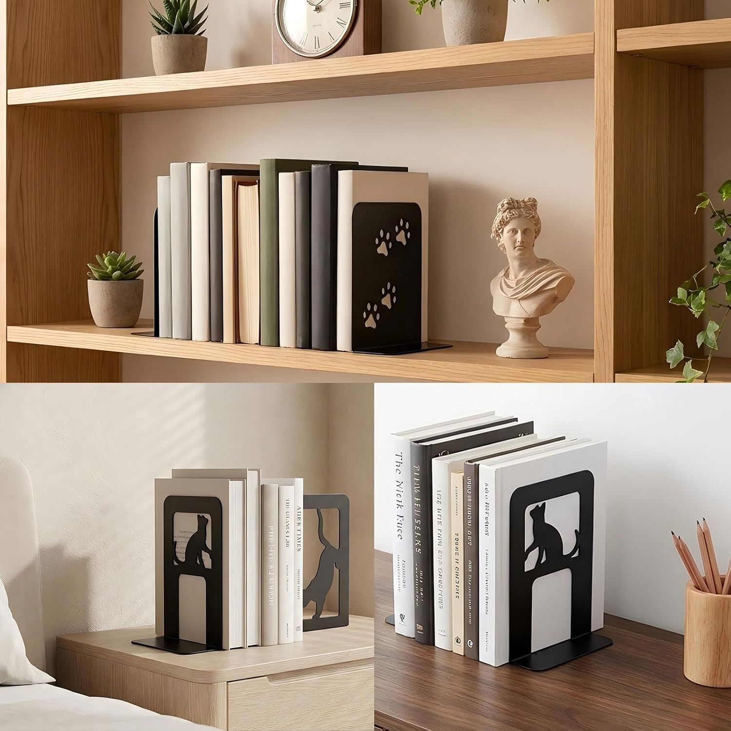 Metal Book Ends, Cat Decorative Bookends, 8 Pcs | Heavy Duty Bookends for Shelves,Book Ends for Office Home Cute Desk Bookshelf Decor Cat Lover Gifts