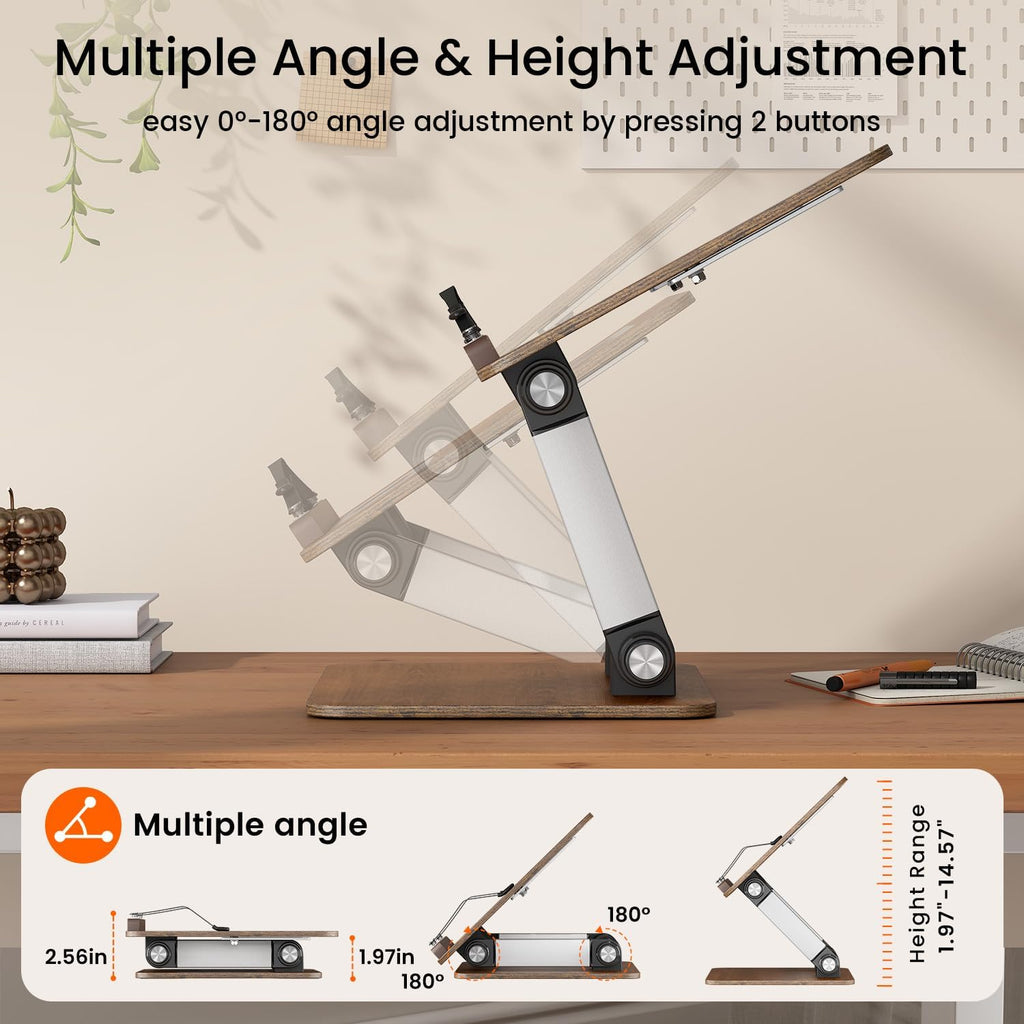 Upgraded Book Stand, Convenient Button Adjustable Book Holder Hands Free, 180° Flexible Lift, Expansion Bracket, Cookbook Stand with Elastic Page Clip, Display Stand for Recipes, Tablets and Laptops