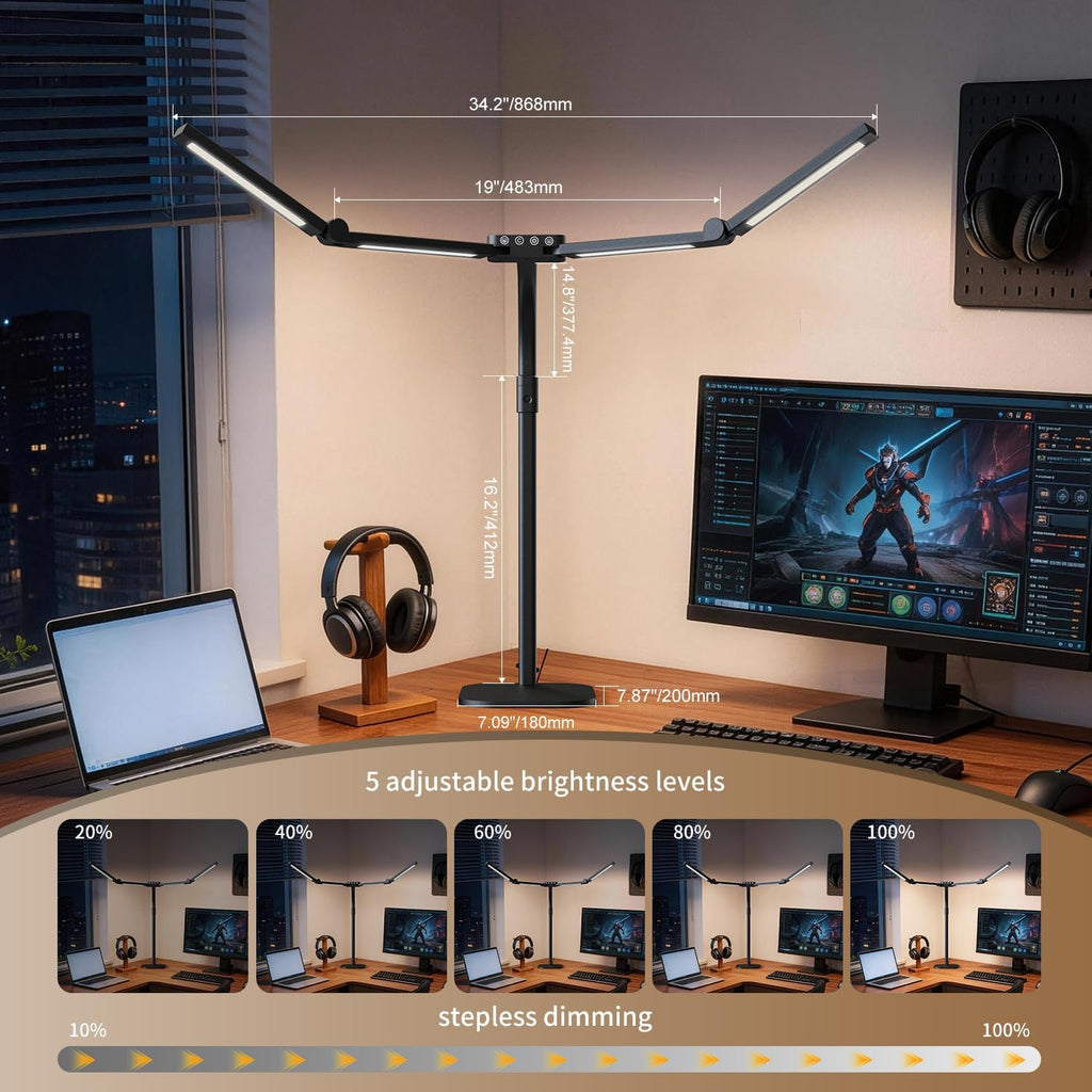 omorepa 4 light bar design goose-neck desk lamp showing dimensions