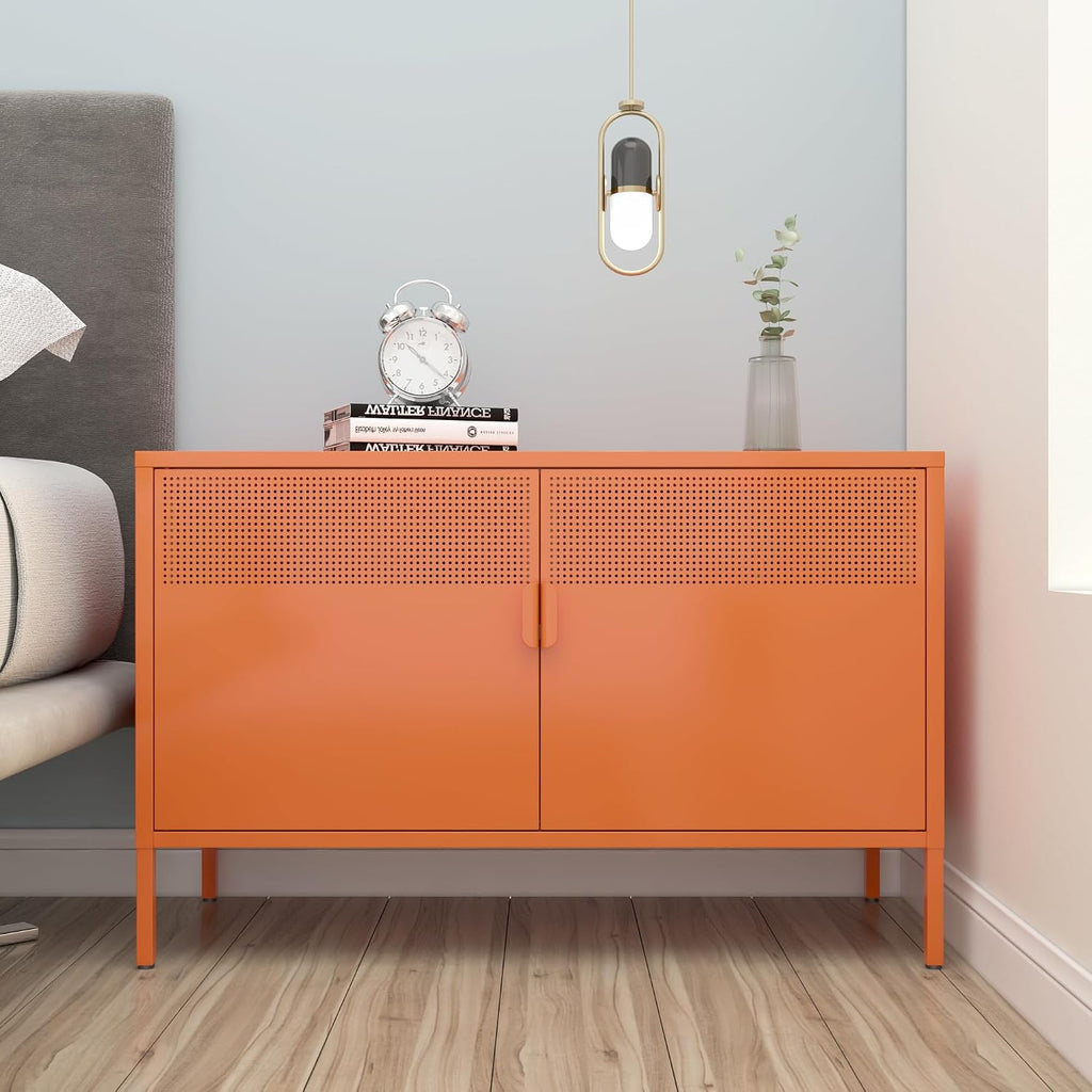 washsemba 2 door accent cabinet,orange metal storage cabinet, front angle view