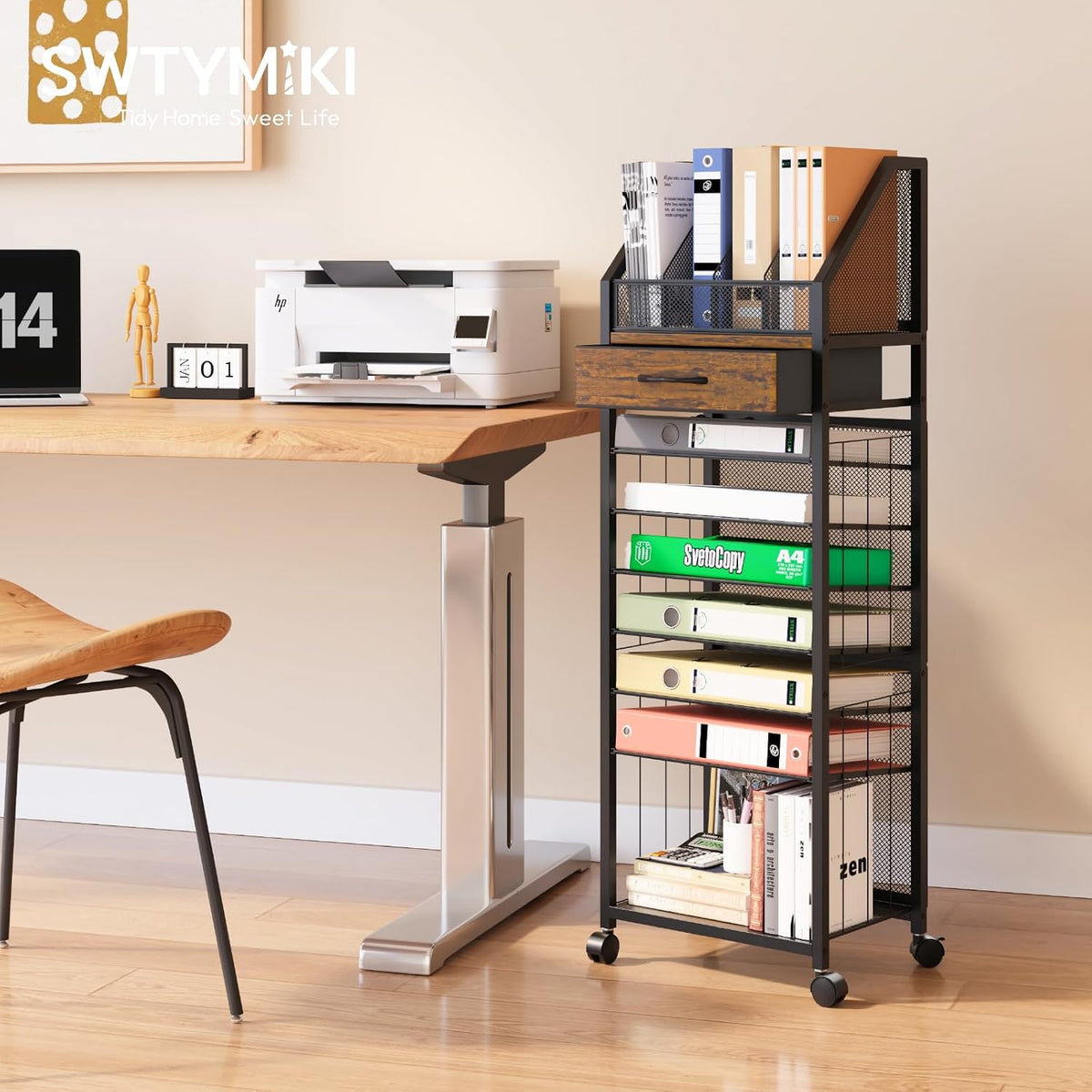 SWTYMIKI 9-Tier Rolling File Cart - Paper Organizer with Drawer and Trays, Wo...