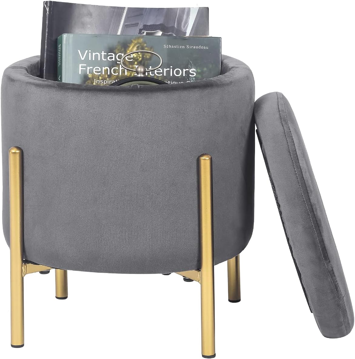 Adeco Upholstered Tufted Round Storage Ottomans, Grey Modern Velvet Footrest ...