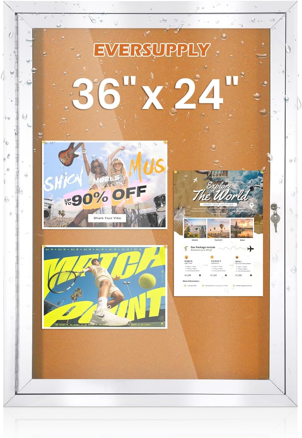 36x24 in Outdoor Bulletin Board Weatherproof Display Corkboard, Silver