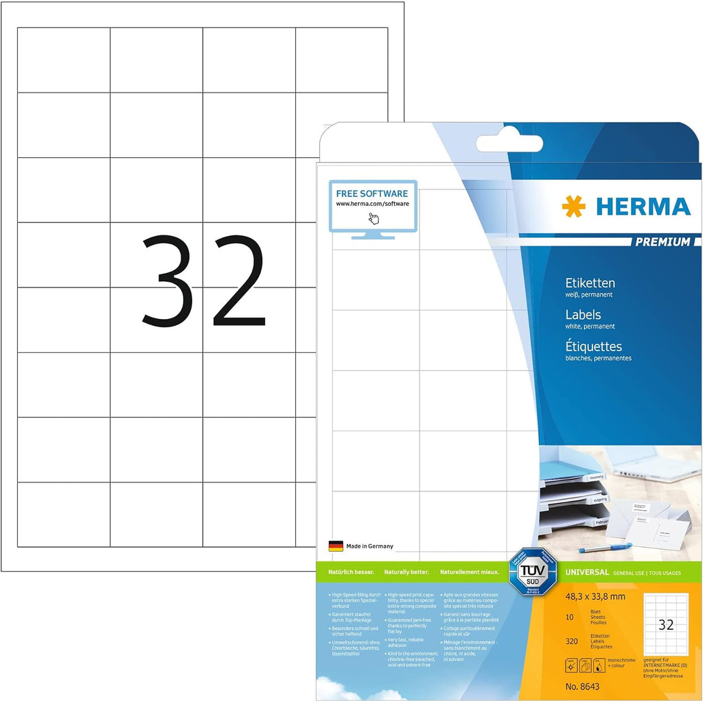 HERMA Self Adhesive Multi-Purpose Labels, 32 Labels Per A4 Sheet, 320 Labels for Laser and Inkjet Printers, Small, 48.3 x 33.8 mm (8643)