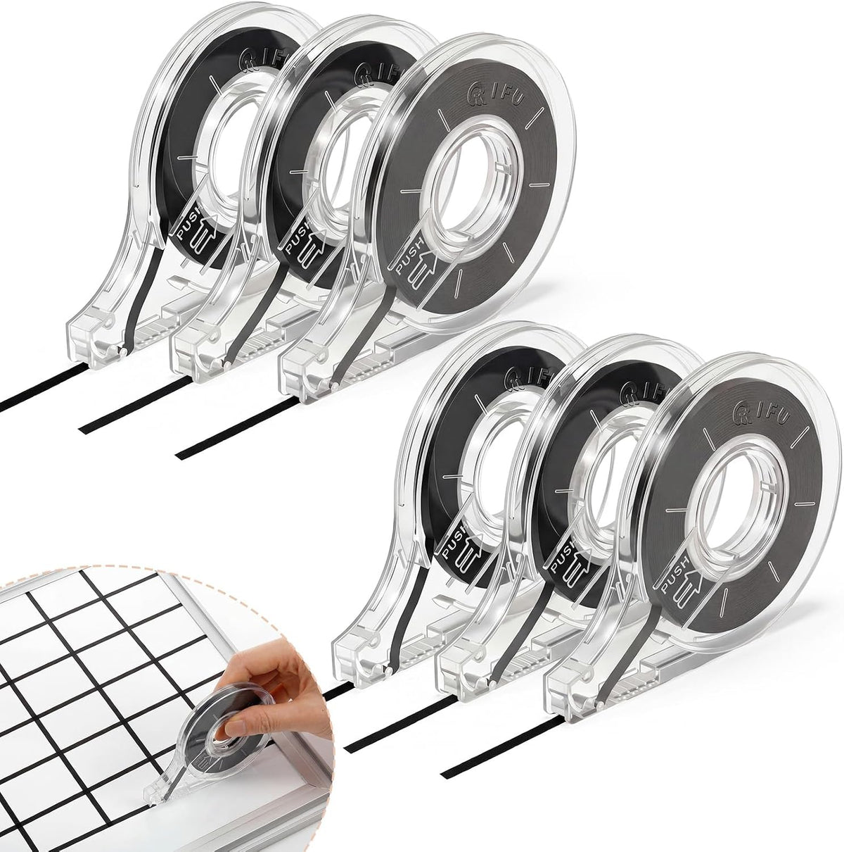 6 Pack Whiteboard Tape with Dispenser, Width 1/8", Black