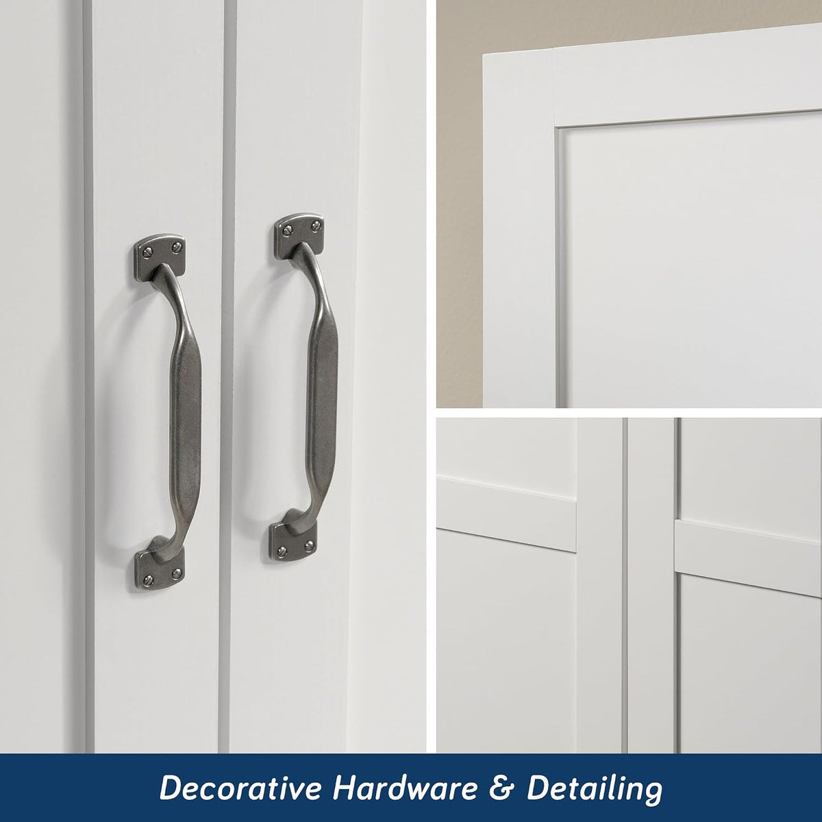 sauder select storage cabinet/ pantry cabinets, white finish on a desk or shelf