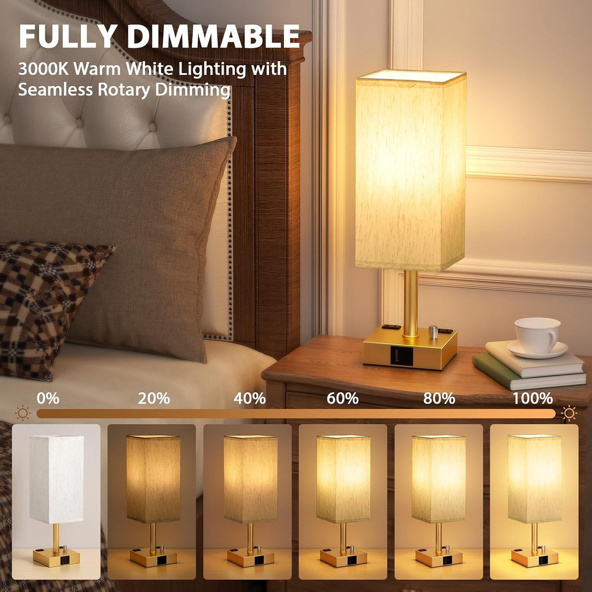 Gold Bedside Table Lamps Set of 2 - Dimmable, USB C+A, 2 AC Outlets