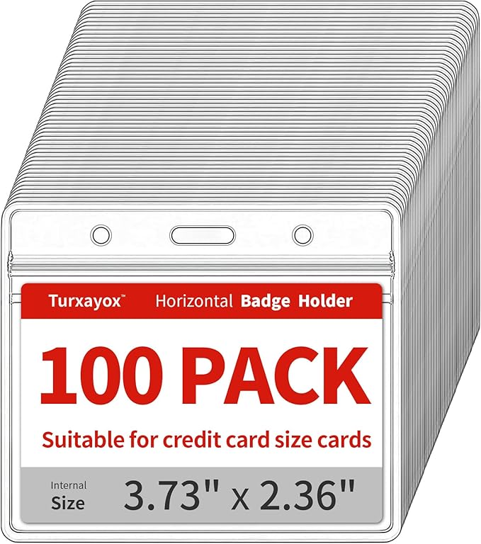 Turxayox 100 Pack Horizontal Clear ID Badge Holder, Plastic Name Badge Holders by Turxayox