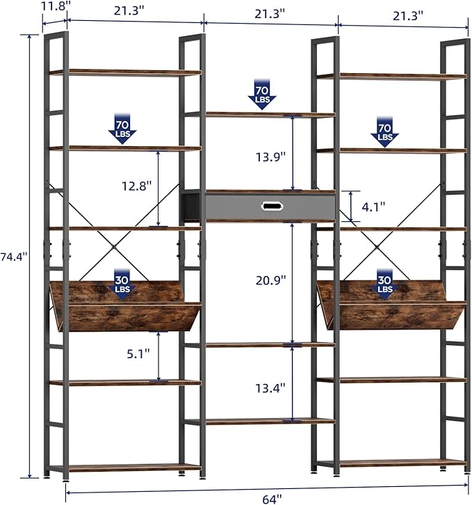 NUMENN Triple Wide 6 Tier Bookshelf, Adjustable Rustic Industrial Style Book - Image 3