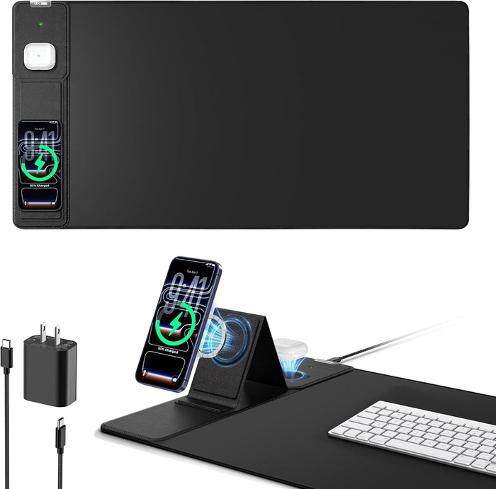 Mouse Pad with Magnetic Wireless Charging & Adjustable Phone Stand, 31.5"x15.8" Extended Desk Mat, Waterproof Ultra-Smooth Keyboard Pad, Non-Slip Base, with 20W PD Adapter, Black