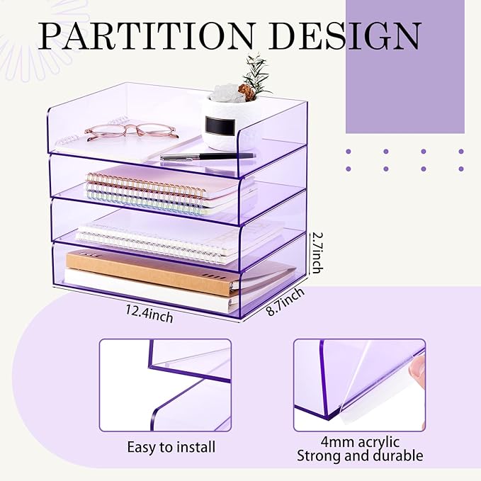Harloon 4 Tier Acrylic Paper Tray 12.4 x 8.7 x 2.7 Inches Stackable Letter - Image 2