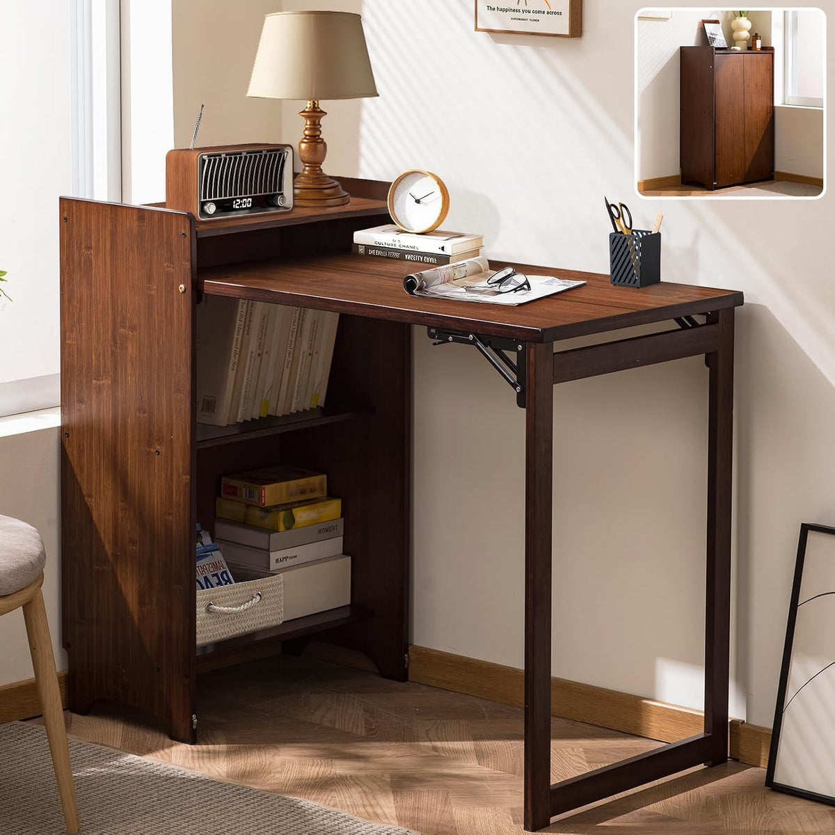Bamboo Folding Desk with Storage, Foldable Desk for Small Spaces, Brown