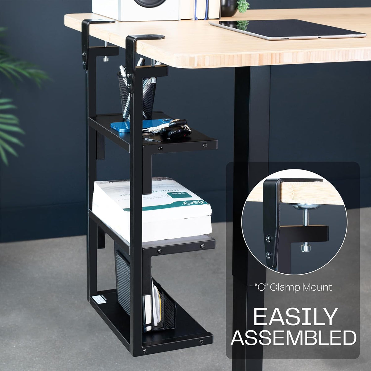 VIVO Black Clamp-on 13 in 3-Tier Desk Shelf, STAND-SHELF3C