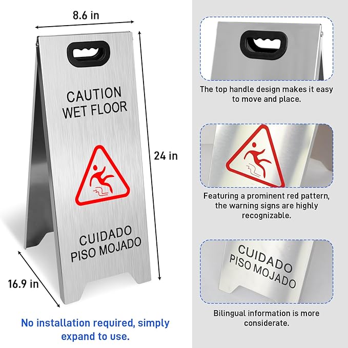 Kerty 4 Pack Stainless Steel Wet Floor Sign, 24 Inch Caution Wet Floor Sign - Image 2