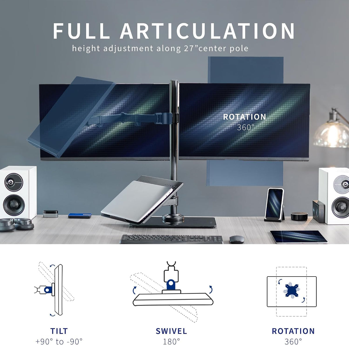 vivo freestanding dual computer monitor and laptop combo showing dimensions