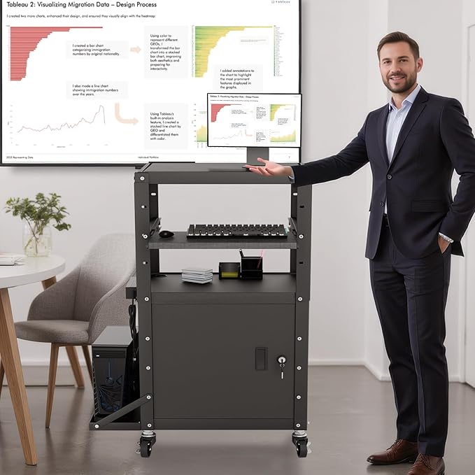 Mobile AV Cart with Side Shelves, Rolling Computer Cart Height Adjustable - Image 3