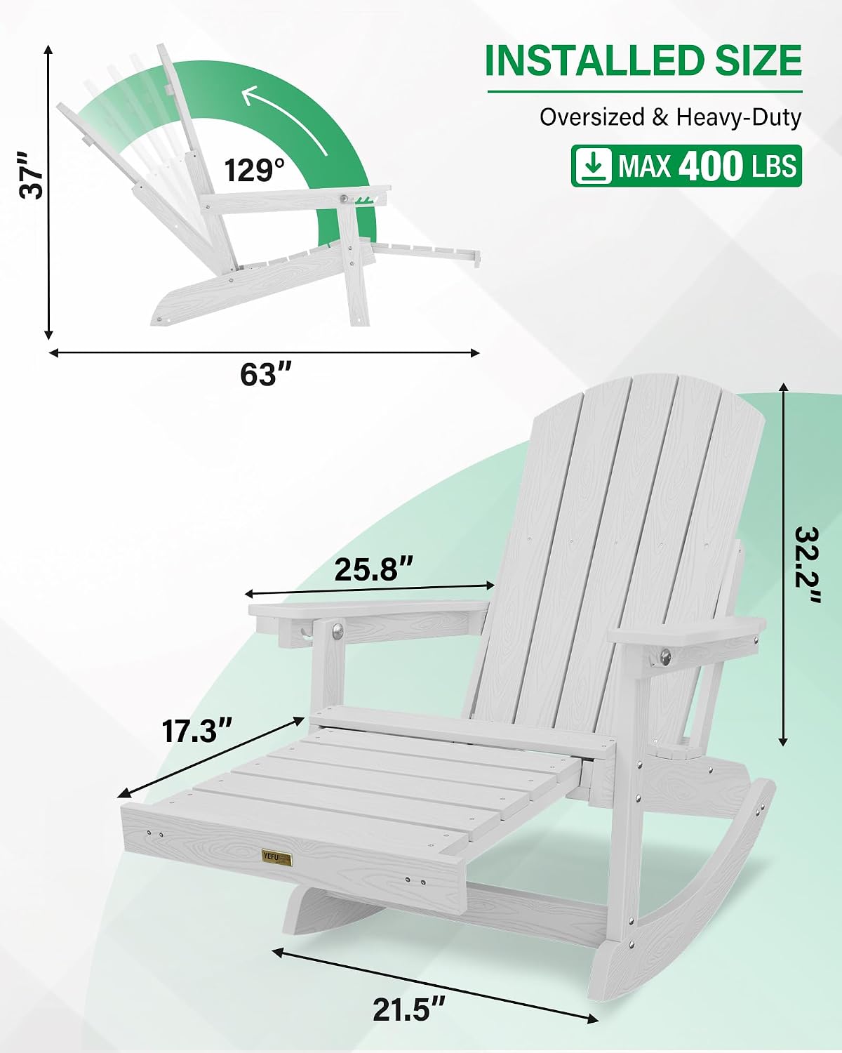 YEFU Adirondack Rocking Chairs, with Footrest, 5-Level Adjustable Backrest