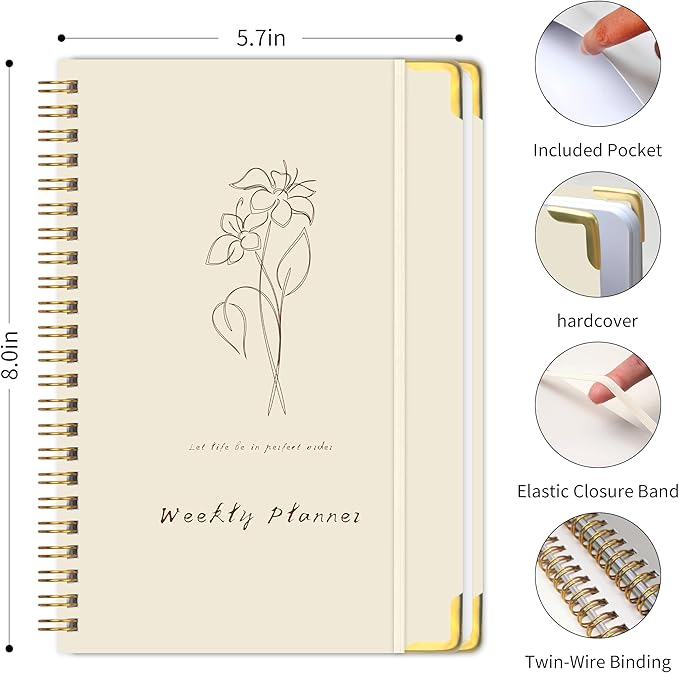 Undated Weekly Planner with Metal Corner Hardcover Notebook, A5 Size Journal - Image 2