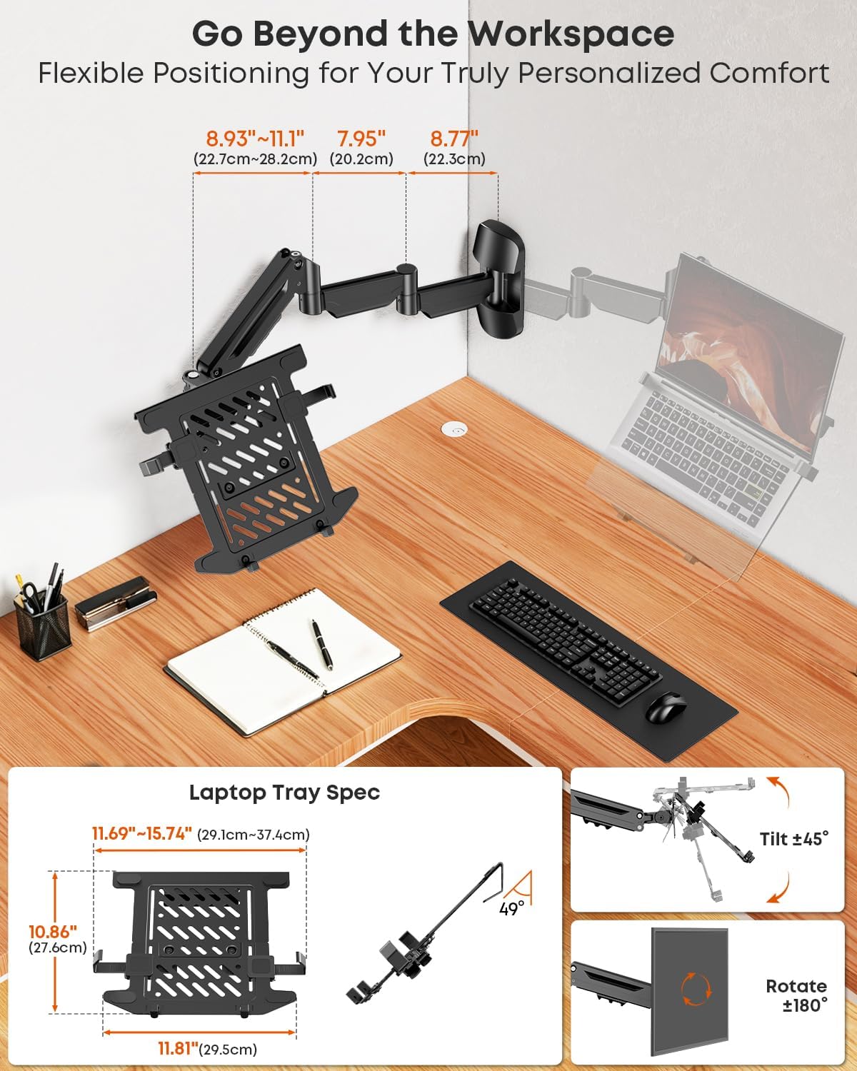 Long Arm 2-in-1 Laptop Wall Mount with Detachable Tray for 12-17'' La...