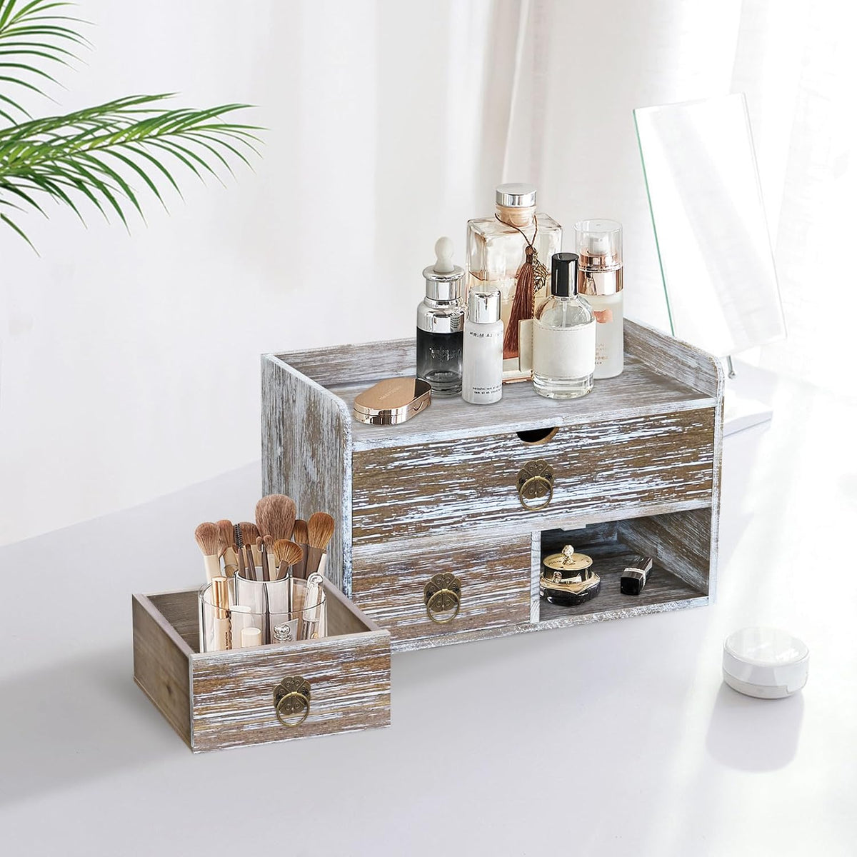 Wood Desk Organizer with Drawer, Washed Brown Wooden Desktop Organizer, Table...