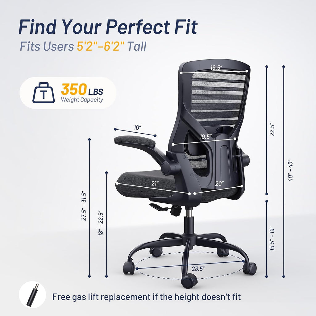 Office Desk Chair for Long Hours & Lower Back Pain Relief – 4“ Thick Molded Foam Cushion, Enhanced Lumbar Support, Padded Flip-up Armrests, Ideal for Office or Study, Black