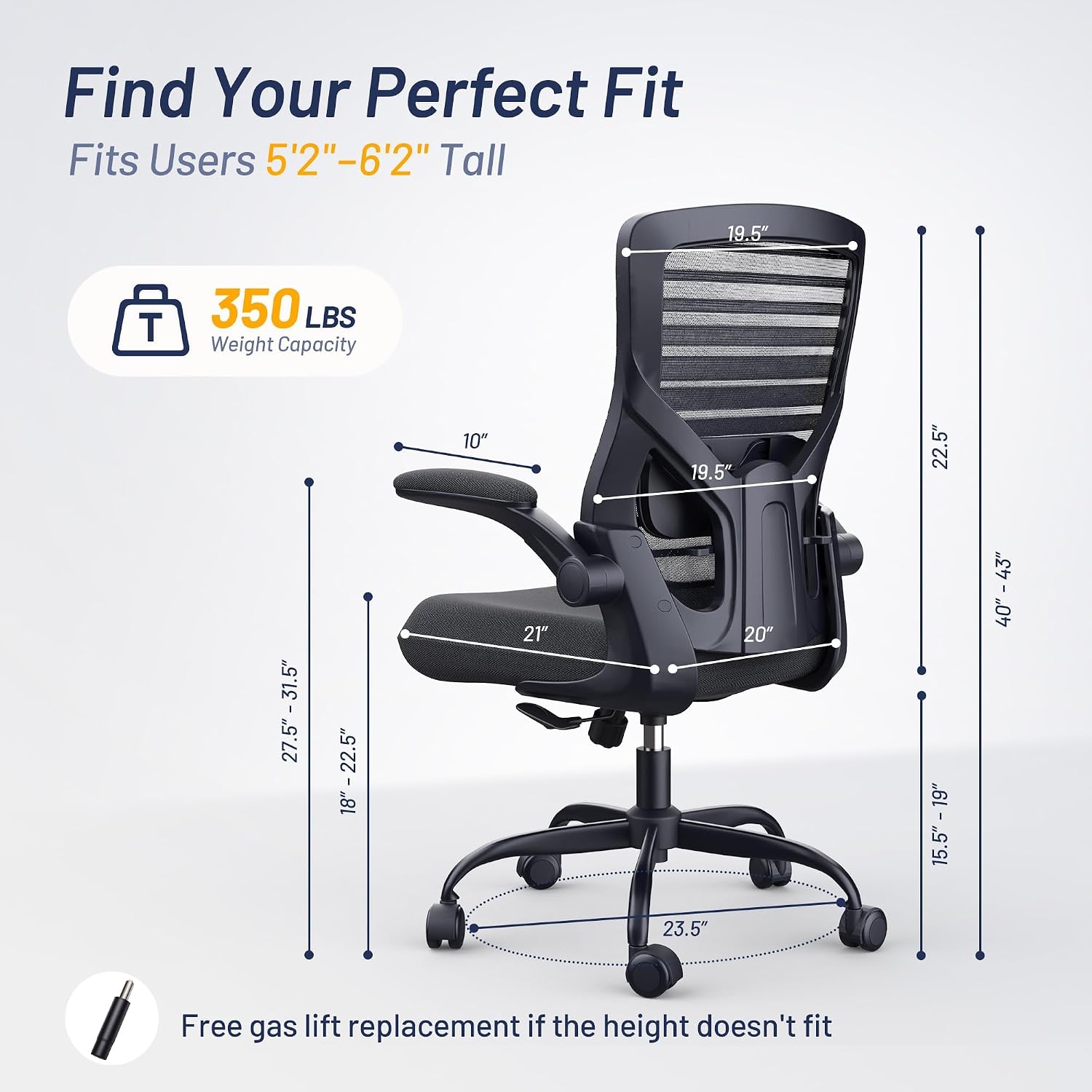 Office Desk Chair for Long Hours & Lower Back Pain Relief – 4“ Thick Molded Foam Cushion, Enhanced Lumbar Support, Padded Flip-up Armrests, Ideal for Office or Study, Black