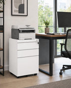 fully assembled 3-drawer mobile file cabinet with lock shown in use