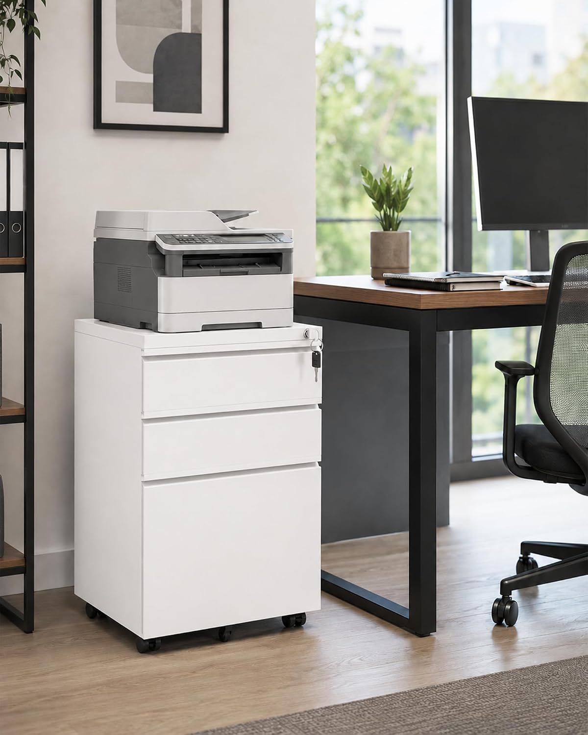 fully assembled 3-drawer mobile file cabinet with lock shown in use