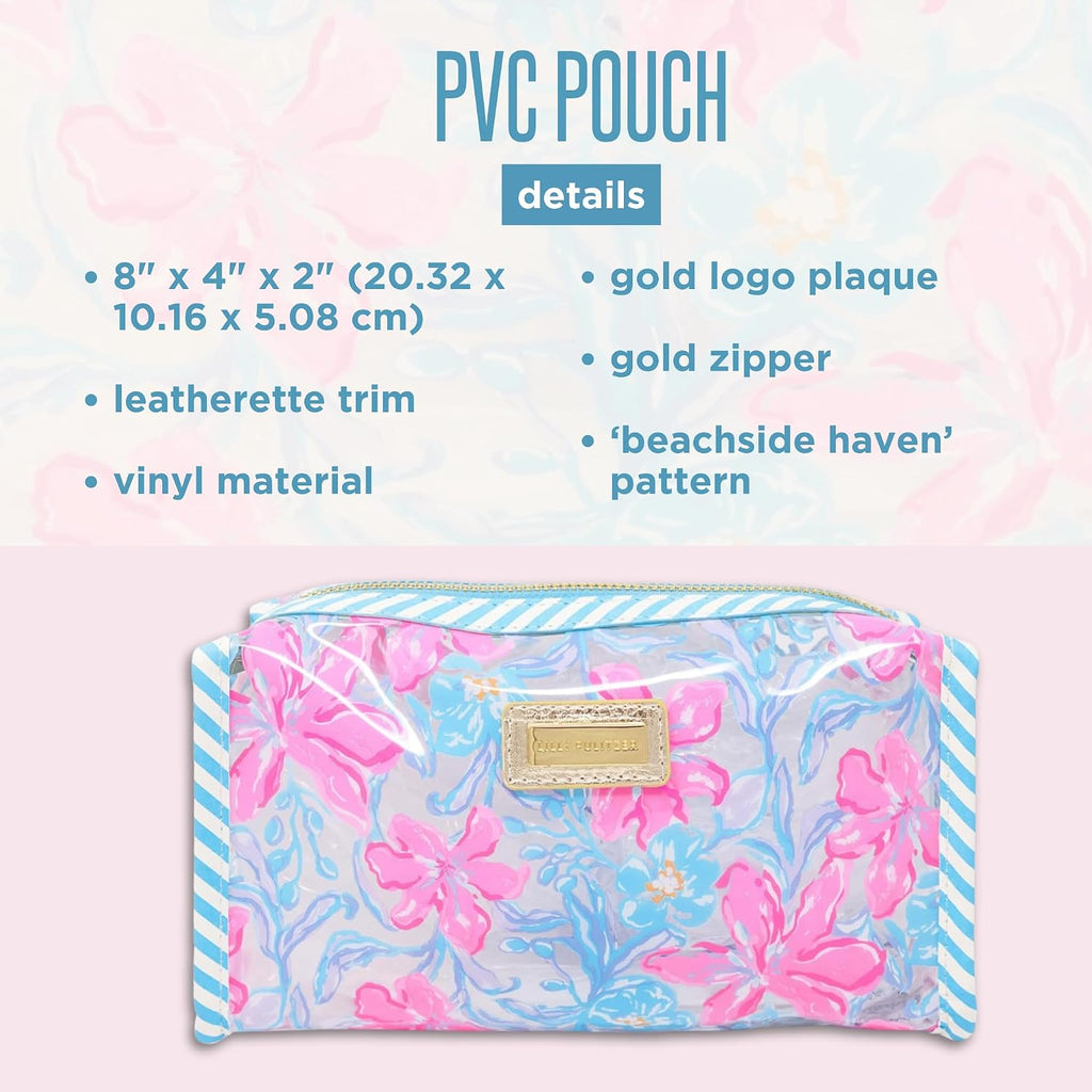 Lilly Pulitzer Vinyl Pouch, Beachside Haven | Cute, Semi-Clear, Water Resistant, Zipper Bag Pencil Case for Stationery, Small Toiletries, and Makeup