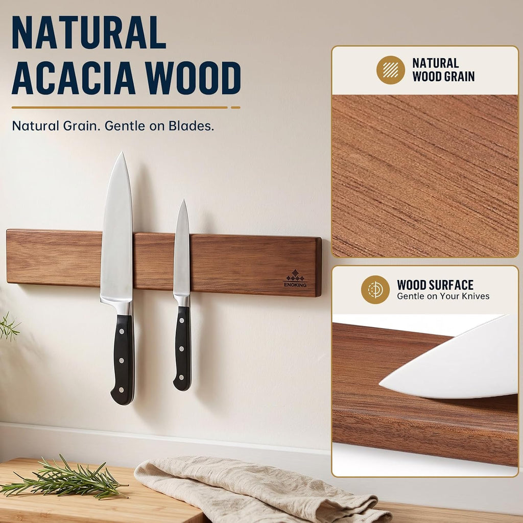 magnetic knife holder for wall, 16 inch acacia showing dimensions