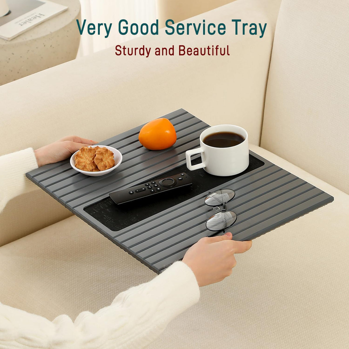 Bamboo Couch Arm Tray Table with Anti-Slip Cork Pad，Foldable Sofa Armrest Tra...