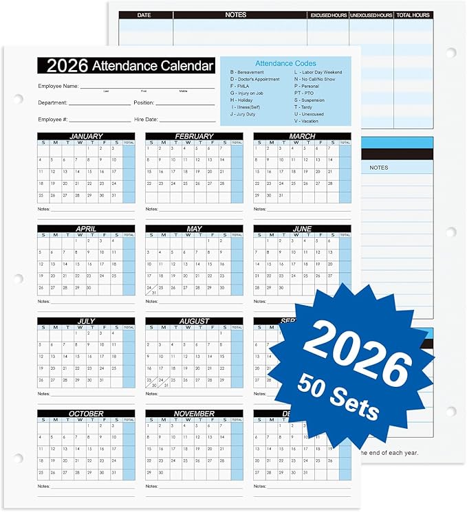 2026 Attendance Calendar Work Tracker Attendance Calendar Cards by FENTASY