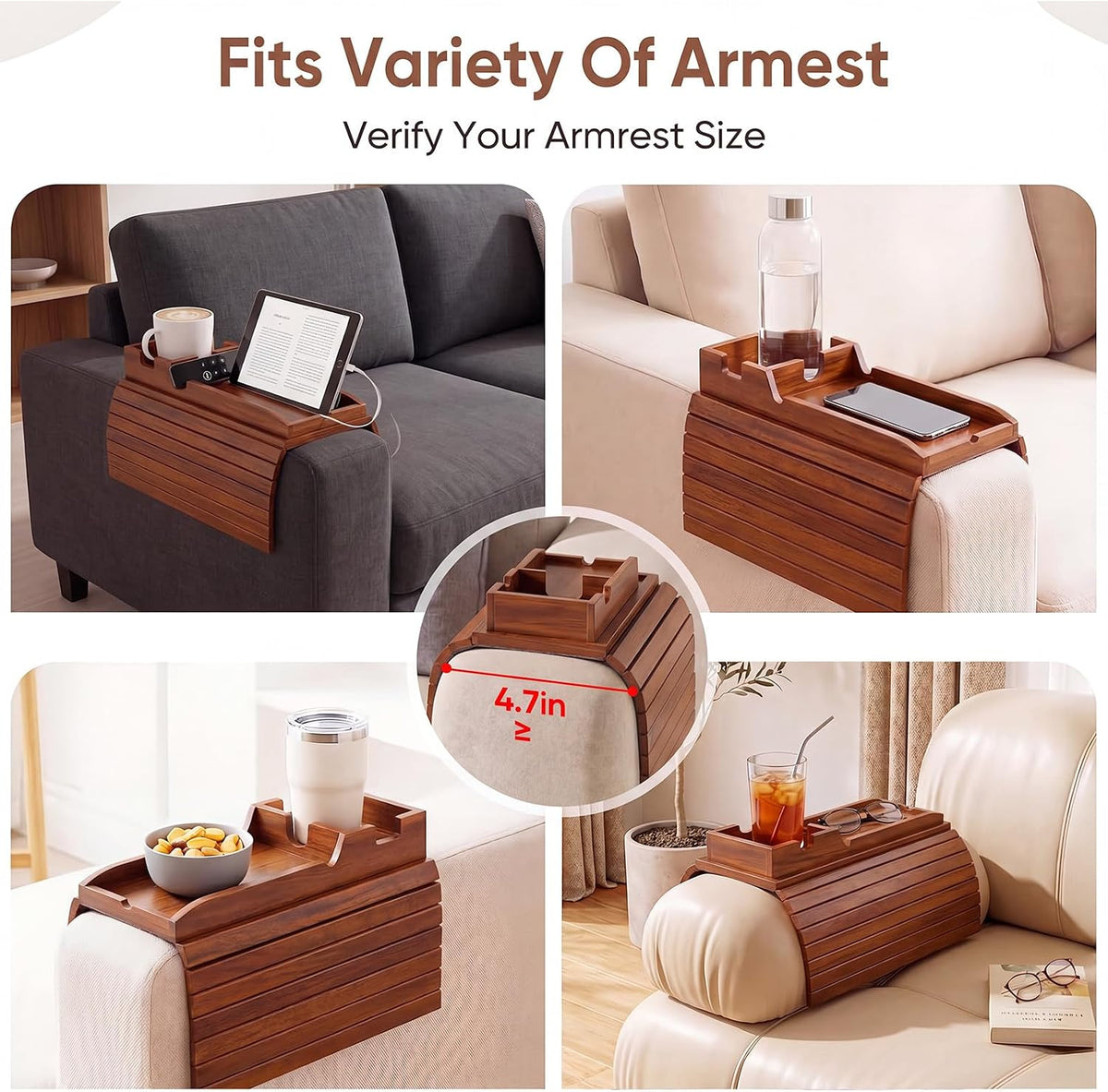 Acacia Wood Couch Arm Tray with Cup Holder, Sofa Armrest Table