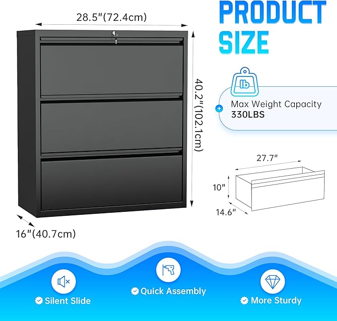 Greenvelly 3 Drawer File Cabinet, Metal Filing Cabinet - Image 3